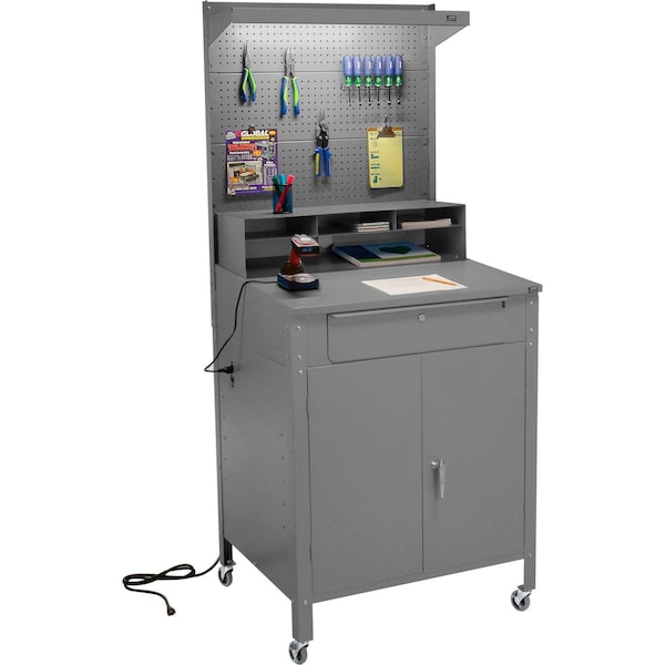 Global Industrial Mobile Cabinet Shop Desk w/ Pegboard & Top Shelf, 34-1/2inW x 30inD, Gray 249509CGY - main